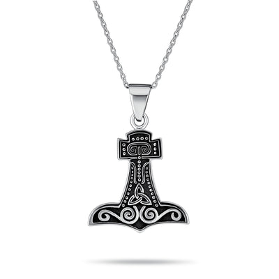 Celtic Knot Viking Thors Hammer Pendant Necklace in Oxidized Sterling Silver