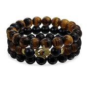 Set of 3 Tiger Eye & Onyx Bead Stretch Bracelet with Hamsa Hand - Gold Plated