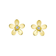 Mini CZ Daisy Flower Stud Earrings Real 14K Yellow Gold Screwback