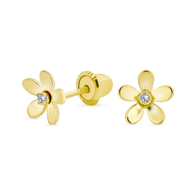 Mini CZ Daisy Flower Stud Earrings Real 14K Yellow Gold Screwback