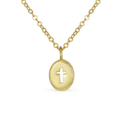 Religious Mini Medallion Oval Cross Necklace Gold Plated .925 Silver