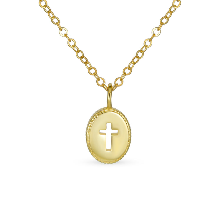 Religious Mini Medallion Oval Cross Necklace Gold Plated .925 Silver