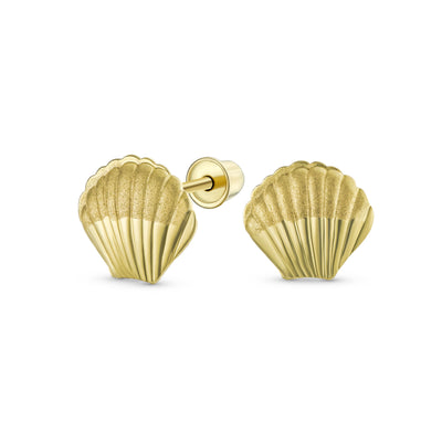 Petite Nautical Clam Shell 14K Gold Stud Earrings with Secure Screw Back