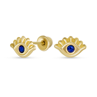 Unisex 10K Gold Blue CZ Evil Eye Stud Earrings for Ear Lobe Cartilage Protection