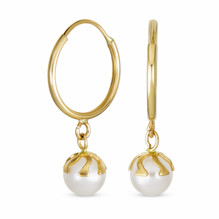 Freshwater White Pearl Ball Drop Mini Hoop Earrings Genuine 14K Gold