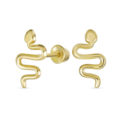 Tiny Reptile Serpent Garden Snake Stud Earrings Real 14K Yellow Gold