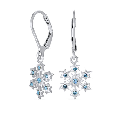 Christmas Snowflake Drop Earrings Blue Imitation Topaz Sterling Silver