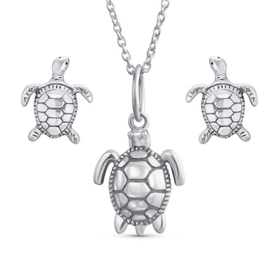 Honeymoon Nautical Sea Turtle Pendant & Earrings Jewelry Set in Sterling Silver