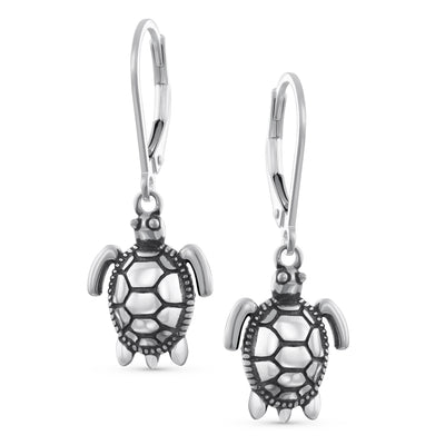 Hawaiian Sea Turtle Dangle Earrings in Oxidized  Sterling Silver