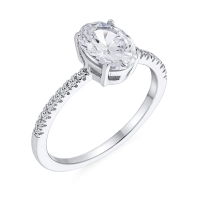 Traditional 2CT Oval Solitaire Engagement Ring with CZ Pave Band in Silver