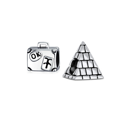 Set of 2 Vacation Travel Suitcase Luggage & Egyptian Pyramid Charm Bead Silver