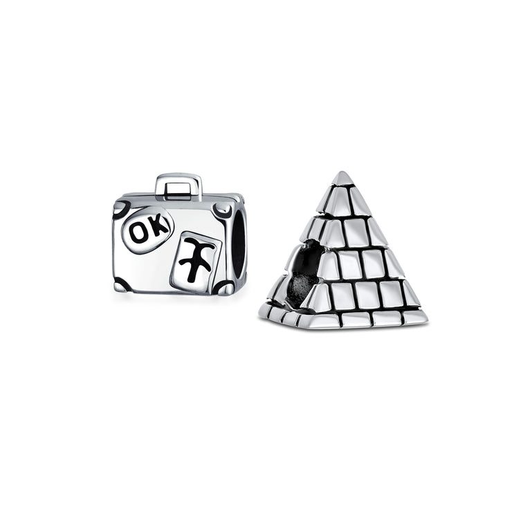 Set of 2 Vacation Travel Suitcase Luggage & Egyptian Pyramid Charm Bead Silver