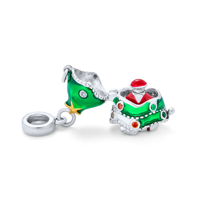 Green Christmas Charm Bead with Santa Locket for European Bracelets Sterling Silver