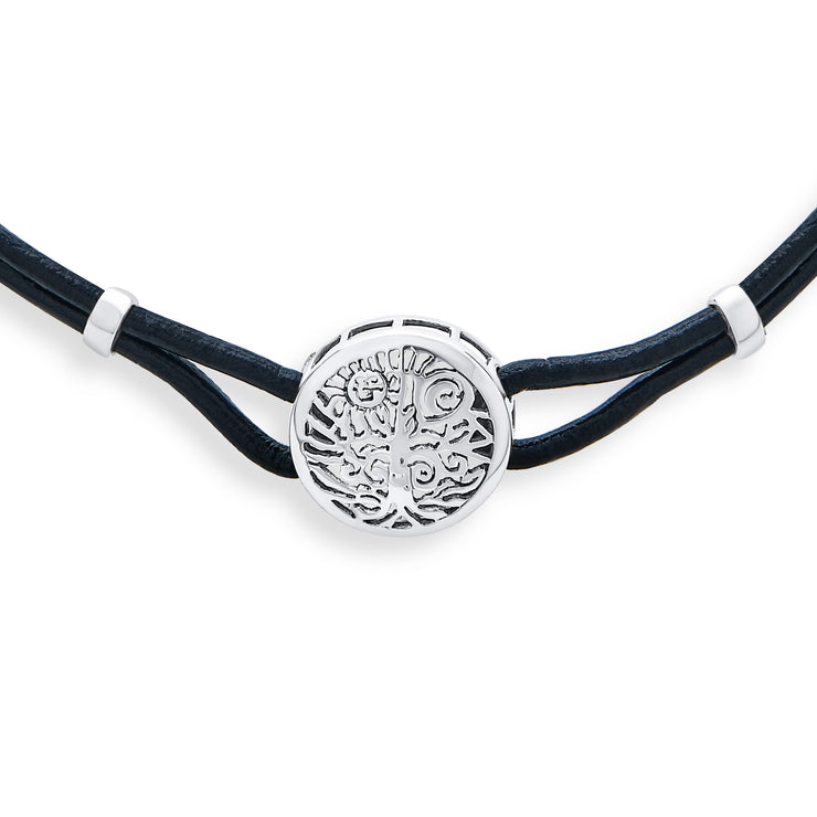 Celtic Sun Raise Tree Life Medallion Leather Necklace Sterling Silver