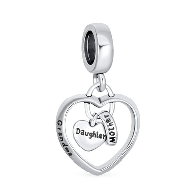 Trio Word Grandma Daughter Mother Heart Dangle Charm Bead .925 Silver