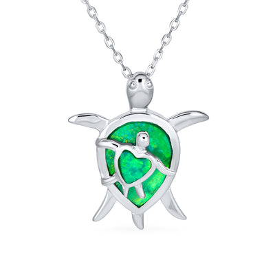 Green Opal Mom Child Heart Turtle Pendant Necklace .925 Sterling Silver