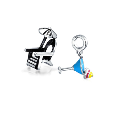 Set of 2 Tropical Umbrella Drink Glass Dangle Charm Bead Enamel Oxidized Silver
