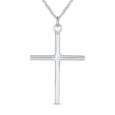 Simple Plain Religious Cross Pendant Necklace .925 Sterling Silver 1.75 Inch