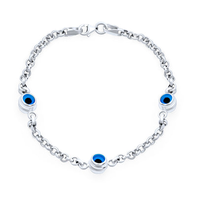 Delicate Turkish Evil Eye Chain Link Bracelet Sterling Silver 7.5 Inch