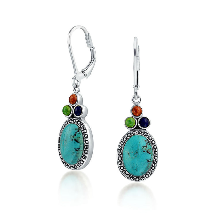 Multi Stones Turquoise Oval Lapis Dangle Earrings Sterling Silver