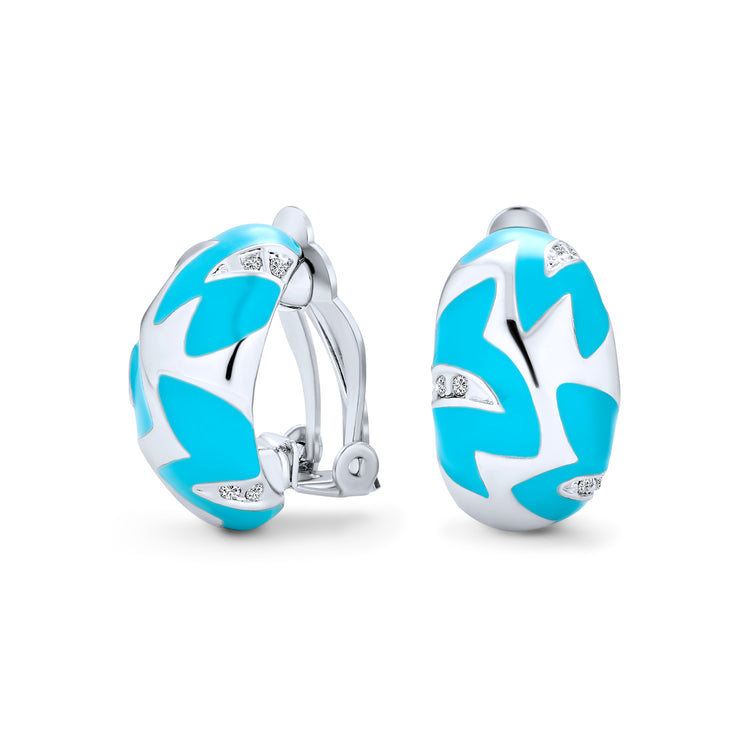 Geometric Turquoise Blue Hoop Clip On Earrings Ears Silver Plated