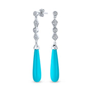 Long CZ Blue Turquoise Teardrop Chandelier Western Earrings .925 Silver