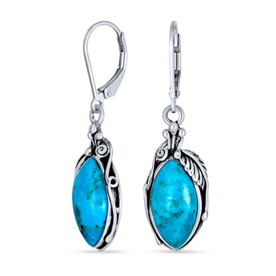 Boho Turquoise Marquise Leaf Feather Dangle Gemstone Earrings in Sterling Silver