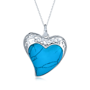 Filigree Inlaid Turquoise Heart Pendant Necklace .925 Sterling Silver