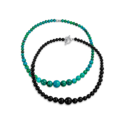 Set of 2 Graduated Blue Turquoise Black Onyx Bead Strand Necklace 18 Inch