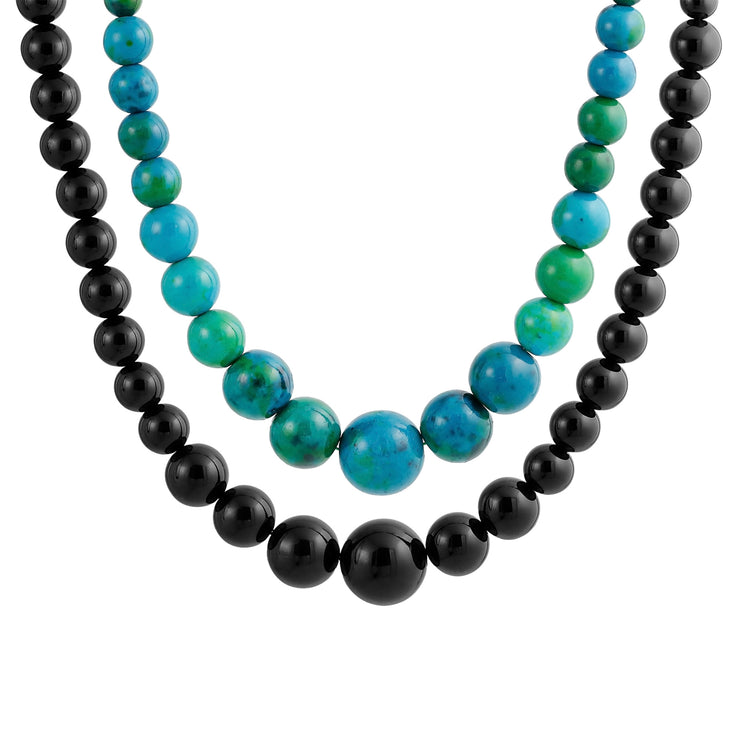 Set of 2 Graduated Blue Turquoise Black Onyx Bead Strand Necklace 18 Inch