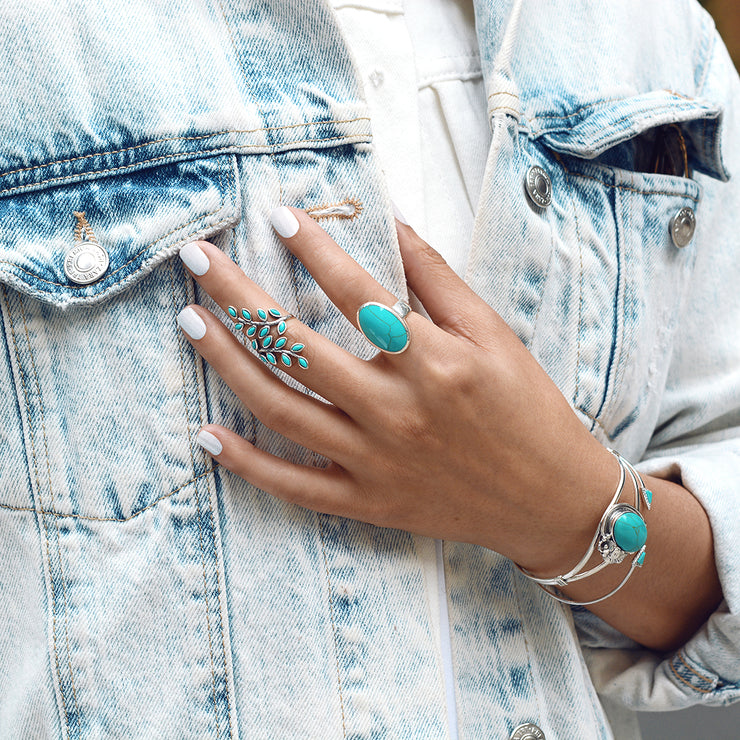 Simple Boho Silver Ring with Large Dome Oval Cabochon Gemstone in Blue Turquoise