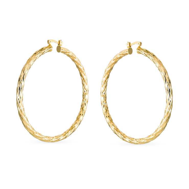 Twisted Rope Cable Large Hoop Earrings Gold Plated 2.25 Inch Dia