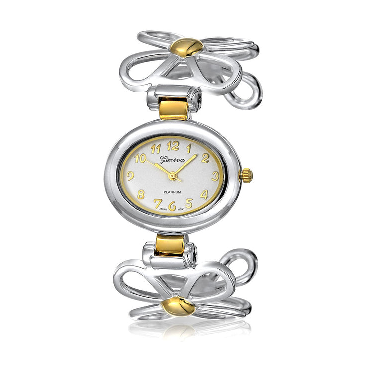 Two Tone Daisy Flower Band White Oval Dial Cuff Watch Gold Plated