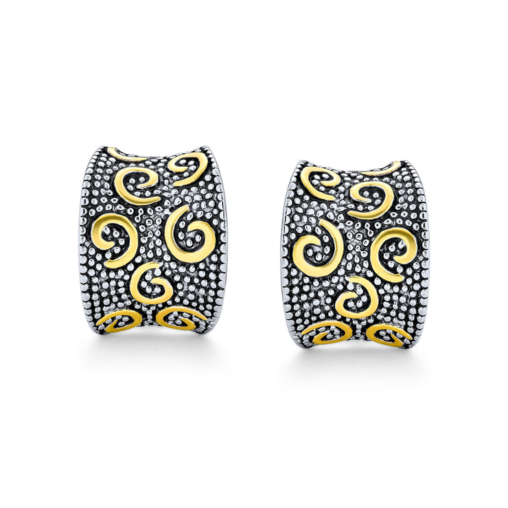 Set of 2 Egyptian Greek Bali Swirl Clip-On Earrings Wide Half Hoop Gold Plated