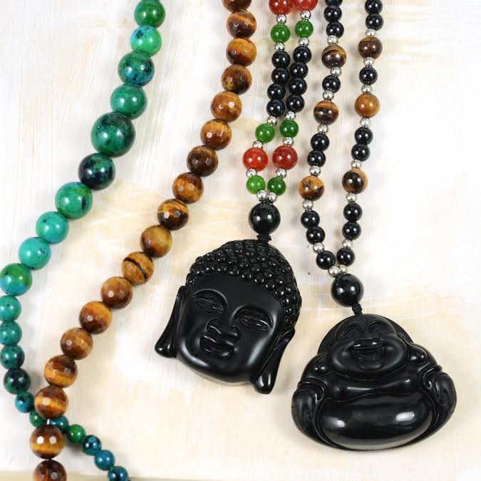 Yogi Amulet Mala Bead Boho Buddha Pendant Necklace for Men - Brown Black Carved