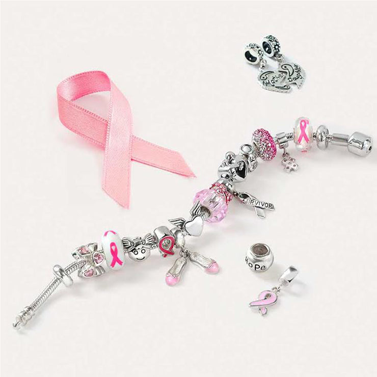 Breast Cancer Survivor Glass Charm Bead with Pink Ribbon and Silver Core