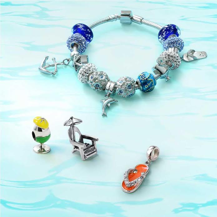 Tropical Vacation Umbrella Beach Chair Dangle Charm Bead Enamel Sterling Silver