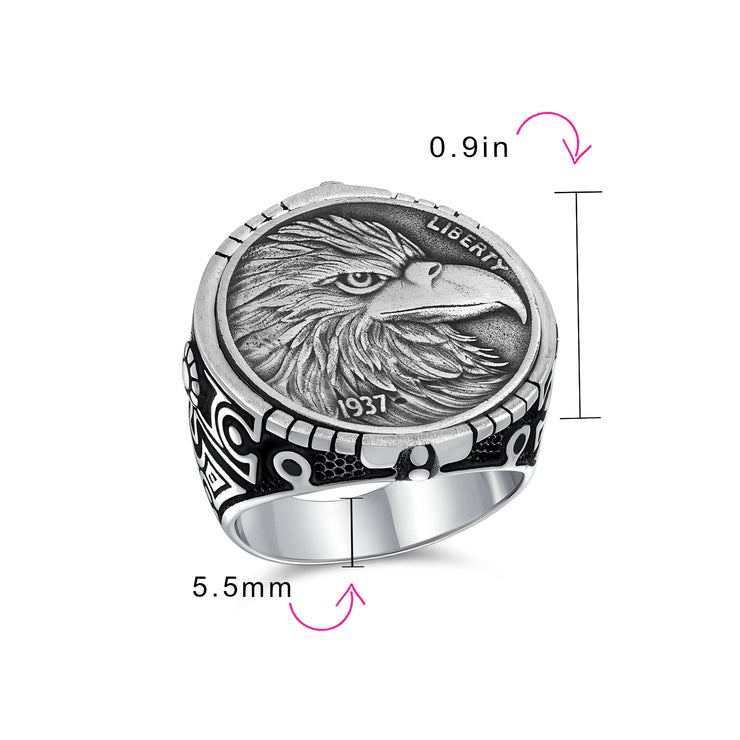 Patriotic USA Bird Eagle Head Coin Ring for Men Oxidized .925 Sterling Silver