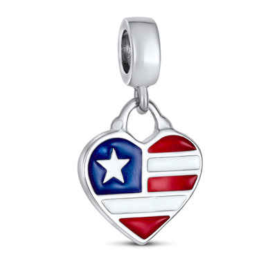 Patriotic Flag Heart Dangle Charm Bead Sterling Silver for European Bracelet