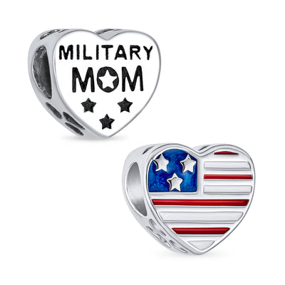 Heart Shape USA Flag Military Mom Charm Bead Sterling Silver for Bracelet