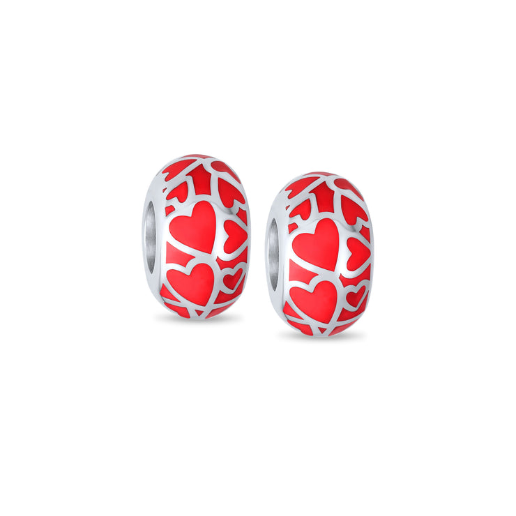 Set of 2 Red Silver Heart Murano Glass Charm Bead for European Bracelets