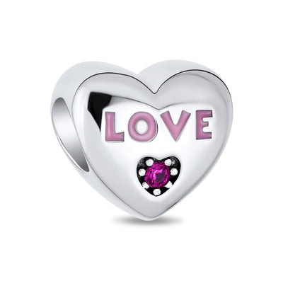 Valentine LOVE Pink Crystal Bead Charm Flower Heart Enamel for European Bracelet