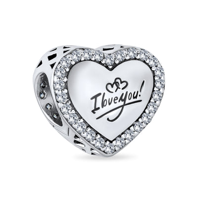 Valentine I LOVE YOU Crystal Bead Charm Heart Sterling Silver for European Bracelet