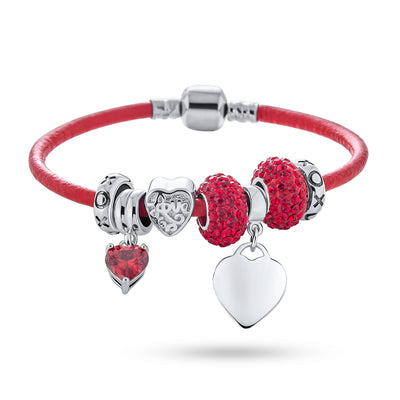 Heart Love Couples Bead Charms Bracelet Leather 925 Sterling Silver