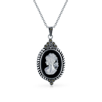 Black Victorian Lady Cameo Pendant Marcasite Sterling Silver Necklace