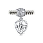 Set of 2 Heart Grandma Dangle & Flower Garden Black Rose Charm Bead Silver