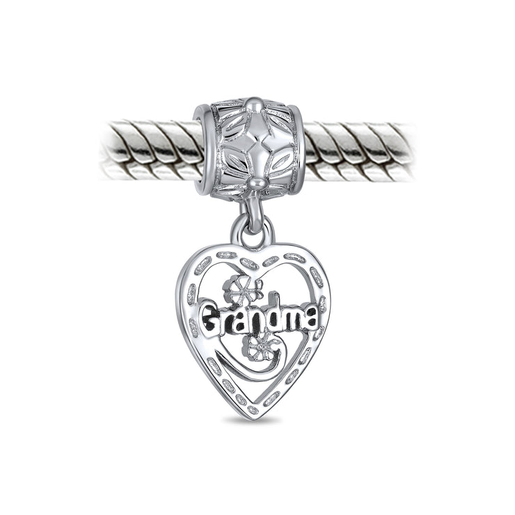 Set of 2 Heart Grandma Dangle & Flower Garden Black Rose Charm Bead Silver