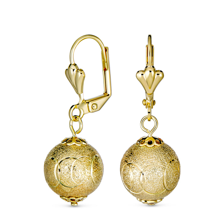 Elegant Vintage Diamond-Cut Drop Ball Earrings 18K Gold Plated Lightweight 12MM