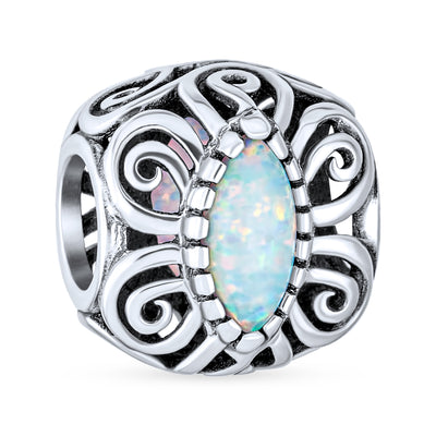 Vintage Style Created Opal Bali Scroll Milgrain Charm Bead Silver