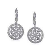 Shield Circle Round Compass CZ Prom Dangle Earrings Silver Plated
